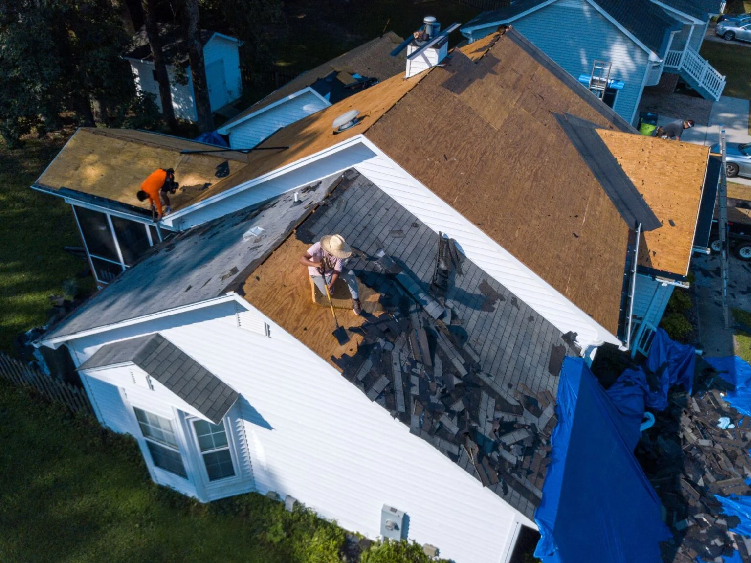 Aerial view of roofing work